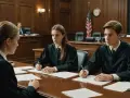 Trois jeunes juges en robe étudient des documents, peut-être pour une affaire de comment retirer les droits d'un père absent.