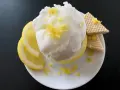 Erfrischendes zitroneneis wie beim Italiener, garniert mit Zitronenschale, Zitronenscheiben und Waffeln auf einem weißen Teller.