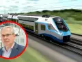 Portret mężczyzny w okularach w czerwonym okręgu na tle pędzącego pociągu PKP Intercity.