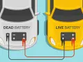 Illustration showing how to jump start a car with a battery pack. A dead battery car is connected to a live battery car via jumper cables.