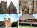 Różnorodne kościoły w Polsce: gotycka katedra, wnętrze z freskami, ceglana bazylika i drewniana świątynia.