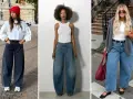 Trois femmes portent des jeans larges, un style décontracté et tendance. La forme de jean femme est mise en avant.