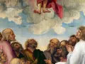 Männer blicken voller Ehrfurcht zum Himmel, wo die Füße Jesu bei Christi Himmelfahrt in den Wolken verschwinden.