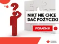 Czerwona postać z pytajnikiem nad głową zastanawia się, dlaczego nigdzie nie chcą mi dać pożyczki. Obok białe puzzle i napis "PORADNIK".