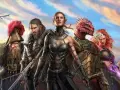Cinco héroes de Divinity Original Sin 2, un enano pirata, un guerrero barbudo, una elfa, un lagarto y una pelirroja hechicera, posan ante un cielo nublado.