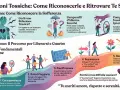 Illustrazione sui comportamenti tossici nelle relazioni, con i 5 passi per liberarsene: consapevolezza, rete di supporto, pianificazione, separazione e guarigione.