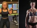 Två kvinnor visar upp sina imponerande muskler i kroppen. Den ena lyfter skivstång i ett gym, den andra poserar med synliga magmuskler.