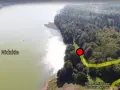 Jezioro Nidzkie i las. Na brzegu lasu zaznaczono pole namiotowe Binduga Borowa, idealne miejsce na nocleg.