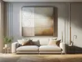 Un salon moderne avec un canapé blanc, un tableau abstrait aux formes géométriques et des tons chauds. Le **taille cadre tableau** est imposant, dominant le mur.