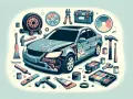 La carrozzeria della macchina è in riparazione, circondata da attrezzi, vernici e ruote.