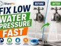 Fix low water pressure fast! Before and after comparison shows a weak stream vs. a strong spray. Learn how to increase water pressure for better flow.