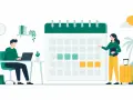 Mężczyzna pracuje przy laptopie, kobieta planuje wakacje. Kalendarz pokazuje dni wolne, idealne na staż pracy.