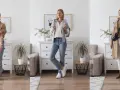 Kobieta prezentuje trzy różne propozycje stylu ubioru: sweter i jeansy, białą koszulę i jeansy, oraz płaszcz i białe spodnie.