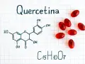 Fórmula química de la quercetina, un flavonoide con propiedades antioxidantes, junto a cápsulas rojas.