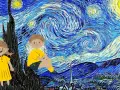 Dzieci w żółtych strojach na tle Gwieździstej Nocy, jak w muzeum Van Gogha w Amsterdamie.