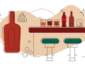 Ilustracja przedstawia bar z butelką whisky i napojami. Obok butelki symbol płomieni i napis "KCAL" sugerują, ile kalorii ma whisky.