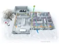Diagrama de una casa con sistema de ventilación automática. Tubos de colores muestran el flujo de aire en distintas habitaciones, incluso en un garaje.