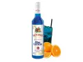Niebieski syrop Blue Curacao Victoria's, idealny do drinków z Malibu i orzeźwiających koktajli. Obok szklanka z lodem i napojem.