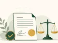 Documento firmato con sigillo, bilancia della giustizia e segno di spunta verde. Rappresenta la conferma preventivo.