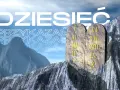 Kamienne tablice z wyrytymi cyframi rzymskimi, symbolizujące **10 przykazań**, stoją na skalistym szczycie góry.