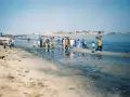 Ludzie na brzegu rzeki Senegal, niektórzy niosą towary na głowach. W tle widać zabudowania.