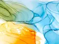 Dessin à l'encre abstrait aux couleurs vives : des volutes vertes, bleues et jaunes se mélangent, évoquant des vagues ou des nuages.