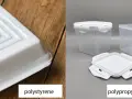 A white polystyrene container on wood contrasts with clear polypropylene food storage containers.