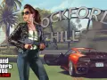 Una mujer con gafas de sol y chaqueta de cuero, armada, posa junto a un coche deportivo rojo con disparos. Portadas GTA.