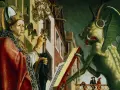 Bischof mit Stab und Schlüssel konfrontiert einen grünen Teufel, der ein Buch hält. Lukas 10,18: "Ich sah den Satan wie einen Blitz vom Himmel fallen.