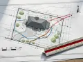 Projekt zagospodarowania terenu z domem, drzewami i zaznaczonymi instalacjami. Skala i linijka wskazują na precyzyjne planowanie.