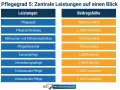 Übersicht der Leistungen und Beitragshöhen für Pflegegrad 5. Enthält Pflegegeld, Sachleistungen, Hilfsmittel und verschiedene Pflegeformen.