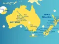 Mapa pokazuje, gdzie leży Australia, z zaznaczonymi atrakcjami jak Uluru i Sydney, oraz Nową Zelandię.