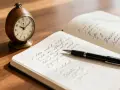 Reloj de mesa y cuaderno abierto con bolígrafo, ideal para ejercicios de escritura para adultos.
