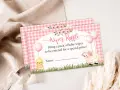 En inbjudan till "Wipes Raffle" med en söt kyckling och ett får. Ta med ett paket baby servetter för att delta i utlottningen.