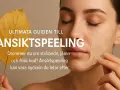 En kvinna med slutna ögon drar försiktigt bort ett lager av ansiktspeeling. En guldfärgad höstlöv ligger bredvid texten "Ultimata guiden till ansiktspeeling".