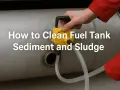 A hand in a red sleeve uses a yellow pump to begin fuel tank cleaning, removing sediment and sludge.