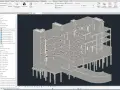 Widok 3D budynku w programie Revit. Widoczna konstrukcja pięter, słupy i fundamenty. W panelu po lewej stronie widać opcje widoku i przeglądarkę projektu.