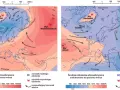 Dwie mapy pokazują rozkład średniego ciśnienia atmosferycznego nad Europą i Arktyką. Widoczne są układy wysokiego i niskiego ciśnienia oraz kierunki wiatru.