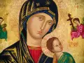Ikona Matki Bożej Nieustającej Pomocy z aniołami. Wzrok Maryi pełen troski, Dzieciątko Jezus spogląda w górę.