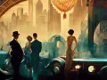 Eleganckie pary podziwiające panoramę miasta w stylu art deco malarstwo. Złote balony unoszą się nad drapaczami chmur.