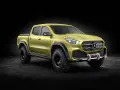 Żółty mercedes pickup z wyciągarką i terenowymi oponami, gotowy na przygodę.