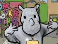 Ein Nashorn mit Goldkette und Graffiti im Hintergrund.