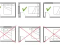 Feng shui sypialnia: łóżko w dobrych kierunkach świata (zielone ptaszki) i złych (czerwone krzyżyki).