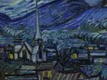 Le tableau La Nuit Étoilée de Van Gogh, une vue nocturne d'un village sous un ciel tourbillonnant de bleu et de jaune.