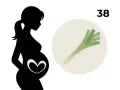 Silhouetten einer schwangeren Frau mit einem Herzsymbol auf dem Bauch, daneben eine Lauchstange und die Zahl 38. 38. SSW.