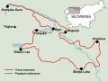 Mapa Słowenii z zaznaczonymi trasami rowerowymi wokół Jeziora Bohinj, Bled, Kranjskiej Gory i innych malowniczych miejsc.