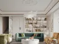 Eklektyczny salon z turkusową kanapą, złotym fotelem i marmurowym stolikiem. W tle regały z książkami i schody.