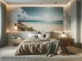 Traumhafte schlafzimmer ideen: Ein Strandmotiv an der Wand bringt Urlaubsfeeling. Gemütliches Bett mit beiger Decke und grauen Kissen.