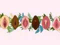 Ilustracja przedstawia siedem różnych warg sromowych, otoczonych liśćmi i gałązkami. Wargi sromowe są w różnych odcieniach skóry i kształtach, symbolizując różnorodność. Niektóre mają delikatne włoski, inne są gładkie. Wizerunki te podkreślają naturaln...