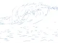 Esquisse minimaliste pour apprendre comment dessiner des vagues. Une grande vague déferlante se dessine en bleu sur fond blanc, avec de petites vagues à l'horizon.